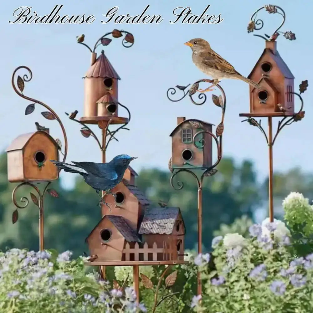 Ornate copper birdhouse garden stakes outdoor decor