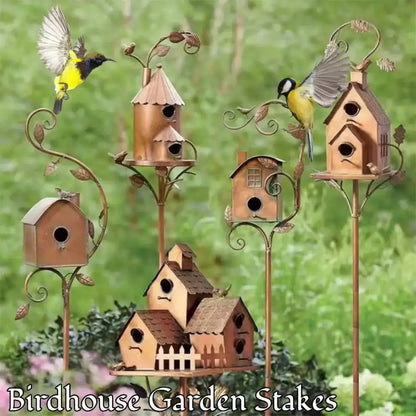 Ornate copper birdhouse garden stakes outdoor decor