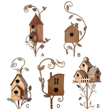 Ornate copper birdhouse garden stakes outdoor decor