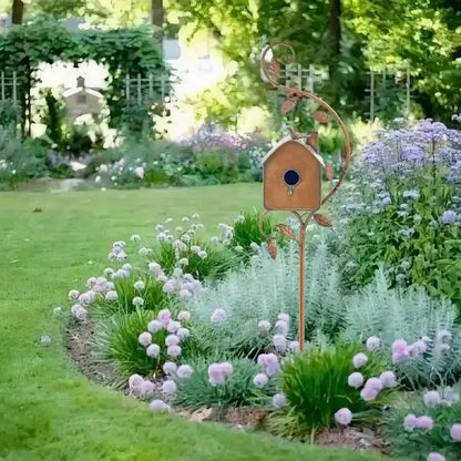 Ornate copper birdhouse garden stakes outdoor decor