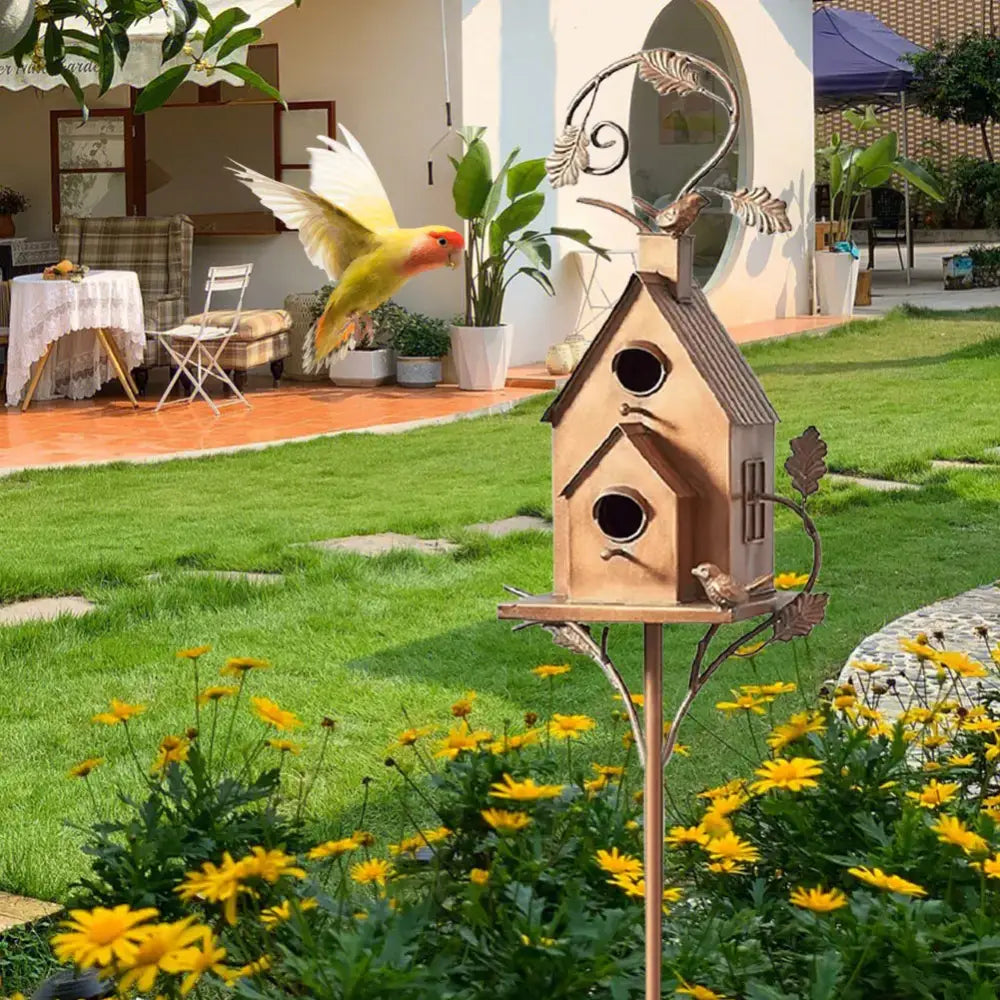 Ornate copper birdhouse garden stakes outdoor decor