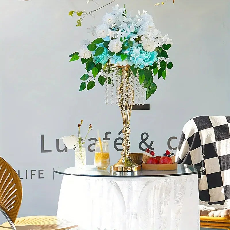 Gold lattice metal flower vases with crystals dining room centerpiece