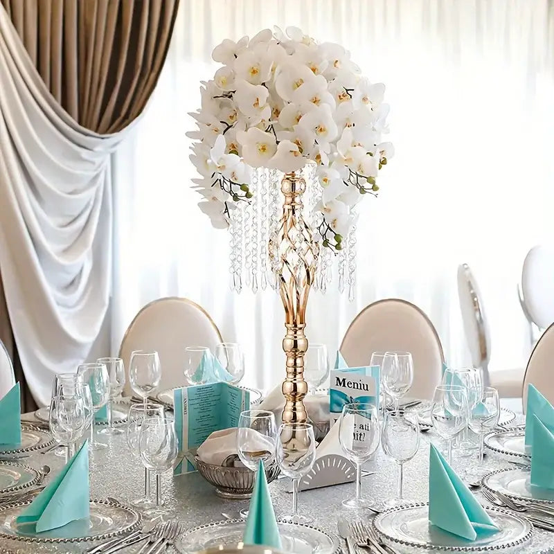 Gold lattice metal flower vases with crystals dining room centerpiece