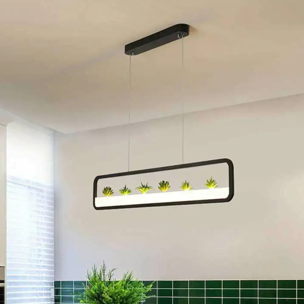 Modern black metal led hanging light with succulents for dining room