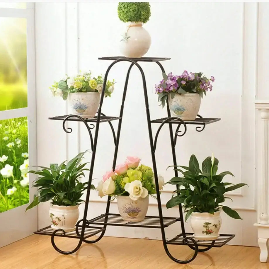 Ornate black metal plant stand 6 tier living room display rack