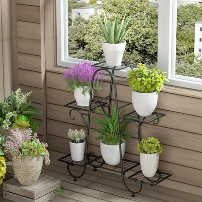 Ornate black metal plant stand 6 tier living room display rack