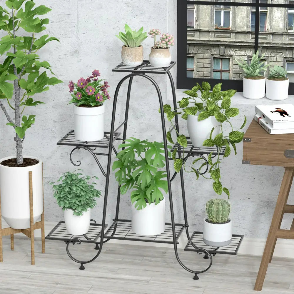 Ornate black metal plant stand 6 tier living room display rack