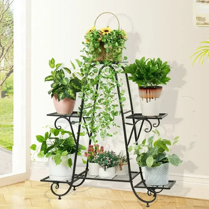 Ornate black metal plant stand 6 tier living room display rack