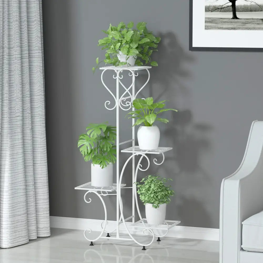 Ornate white wrought iron metal plant stand garden or living room tiered shelf