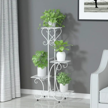 Ornate white wrought iron metal plant stand garden or living room tiered shelf