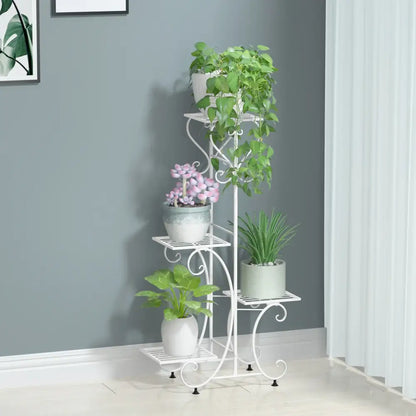 Ornate white wrought iron metal plant stand garden or living room tiered shelf