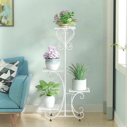 Ornate white wrought iron metal plant stand garden or living room tiered shelf