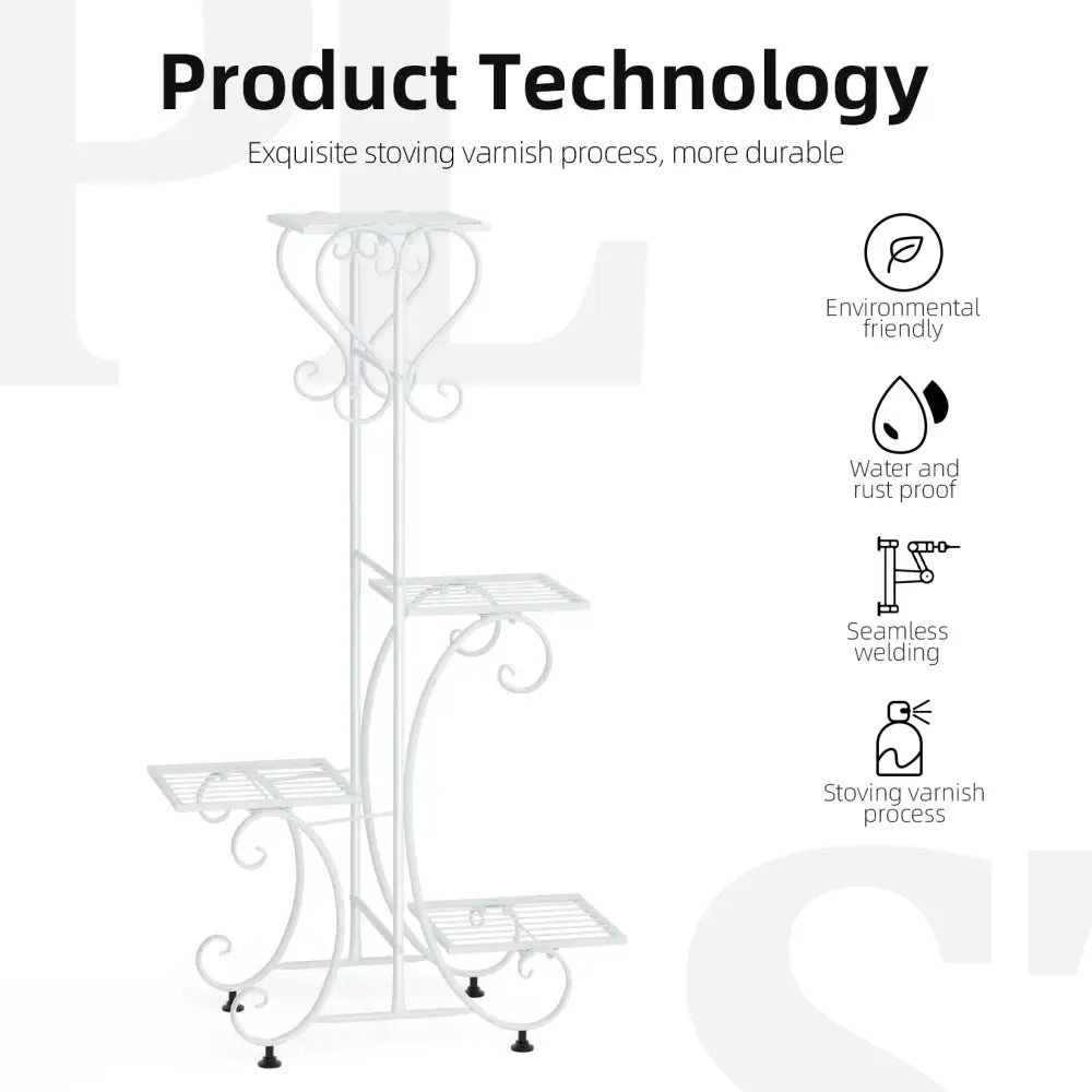 Ornate white wrought iron metal plant stand garden or living room tiered shelf
