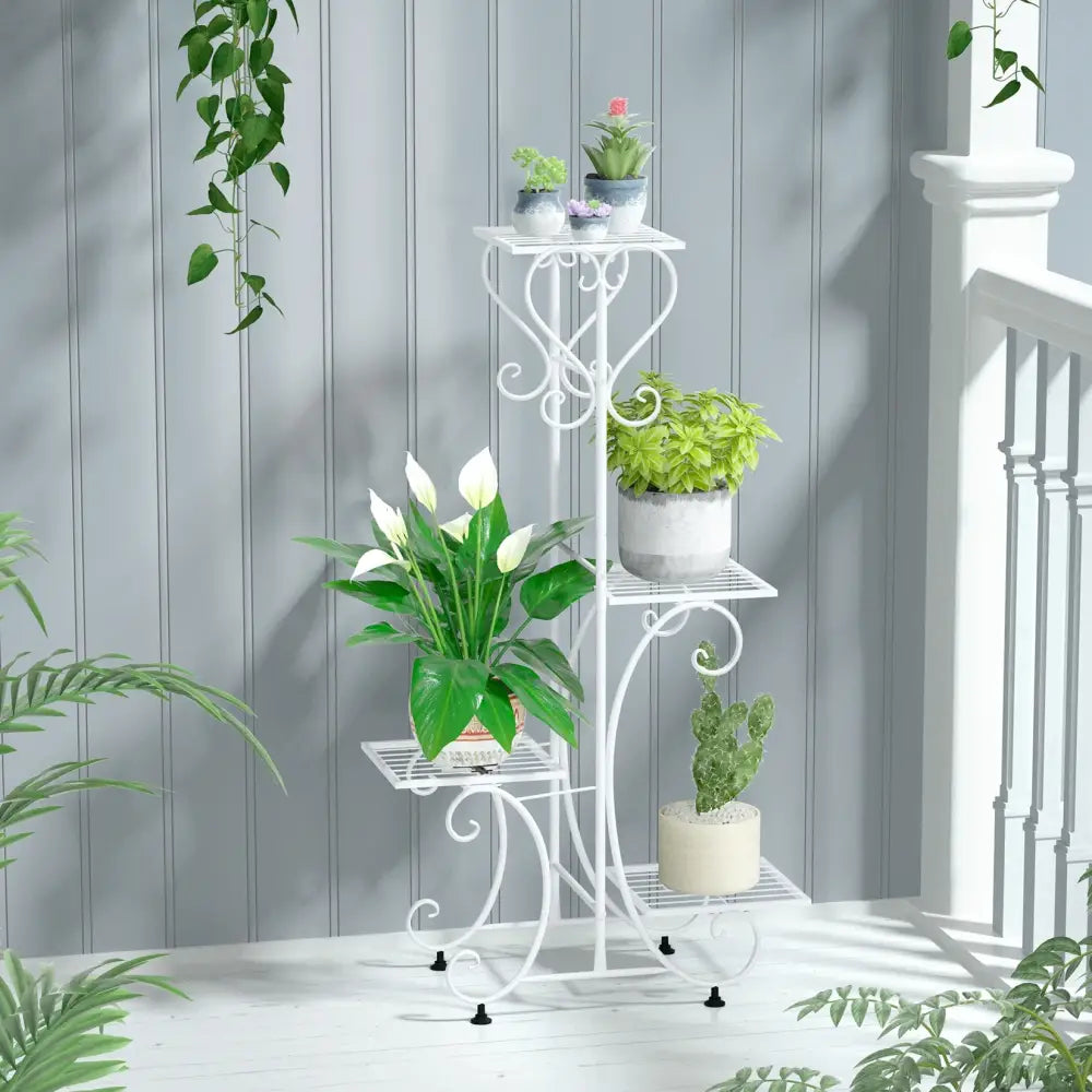Ornate white wrought iron metal plant stand garden or living room tiered shelf