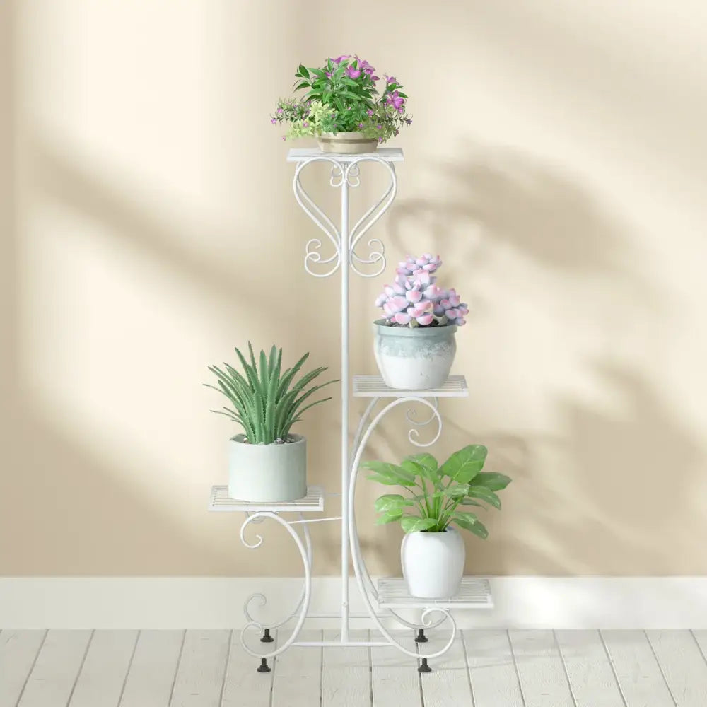 Ornate white wrought iron metal plant stand garden or living room tiered shelf