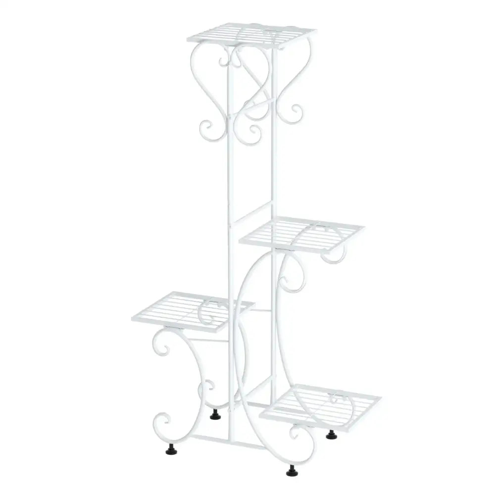Ornate white wrought iron metal plant stand garden or living room tiered shelf