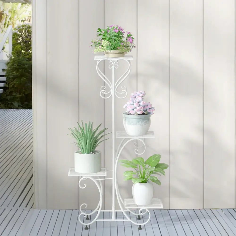 Ornate white wrought iron metal plant stand garden or living room tiered shelf