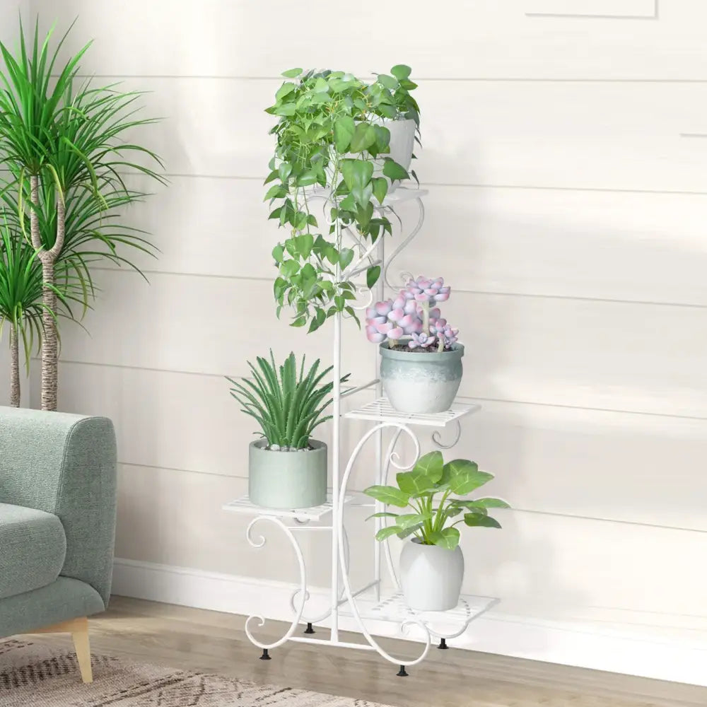 Ornate white wrought iron metal plant stand garden or living room tiered shelf