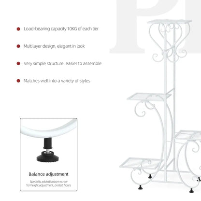 Ornate white wrought iron metal plant stand garden or living room tiered shelf