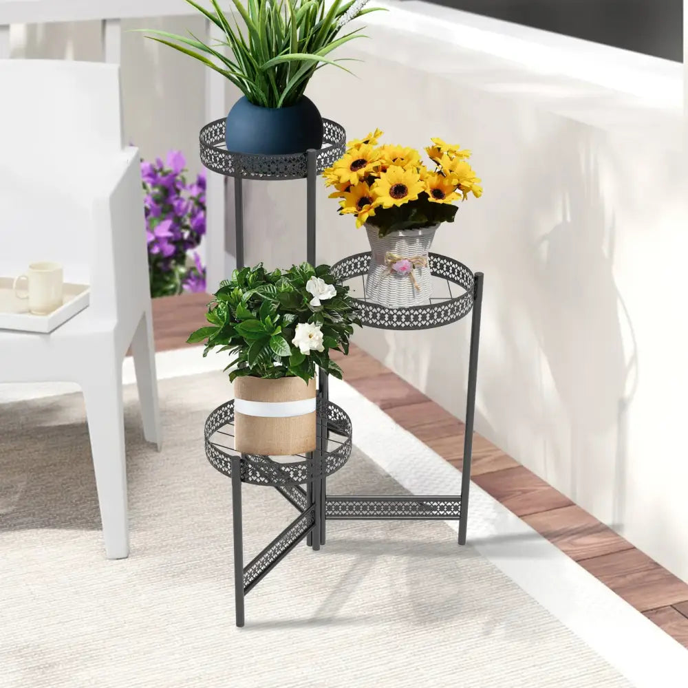 Tiered black metal plant stand for living room with lattice design
