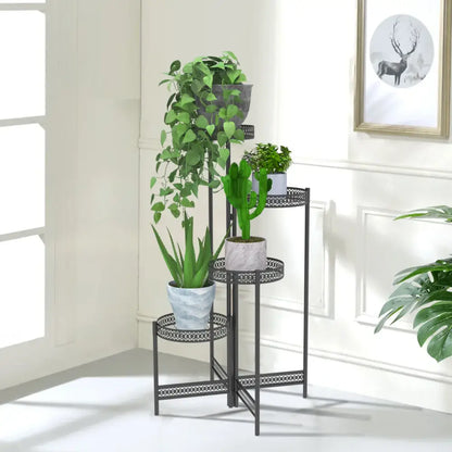 Tiered black metal plant stand for living room with lattice design