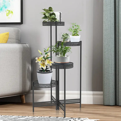 Tiered black metal plant stand for living room with lattice design