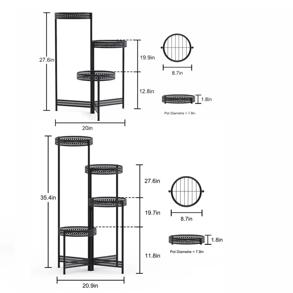 Tiered black metal plant stand for living room with lattice design