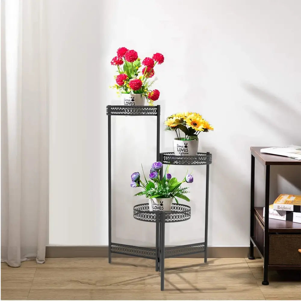 Tiered black metal plant stand for living room with lattice design