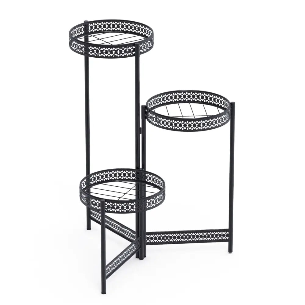 Tiered black metal plant stand for living room with lattice design