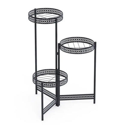 Tiered black metal plant stand for living room with lattice design