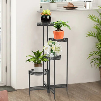 Tiered black metal plant stand for living room with lattice design