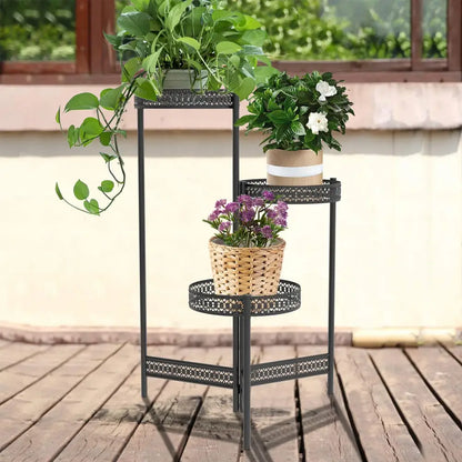 Tiered black metal plant stand for living room with lattice design