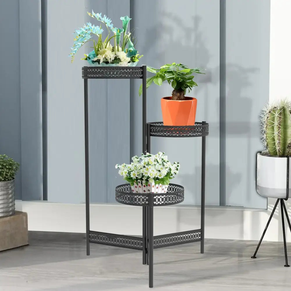 Tiered black metal plant stand for living room with lattice design
