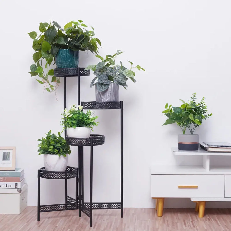 Tiered black metal plant stand for living room with lattice design