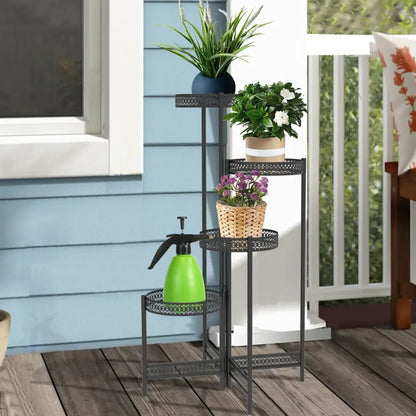 Tiered black metal plant stand for living room with lattice design