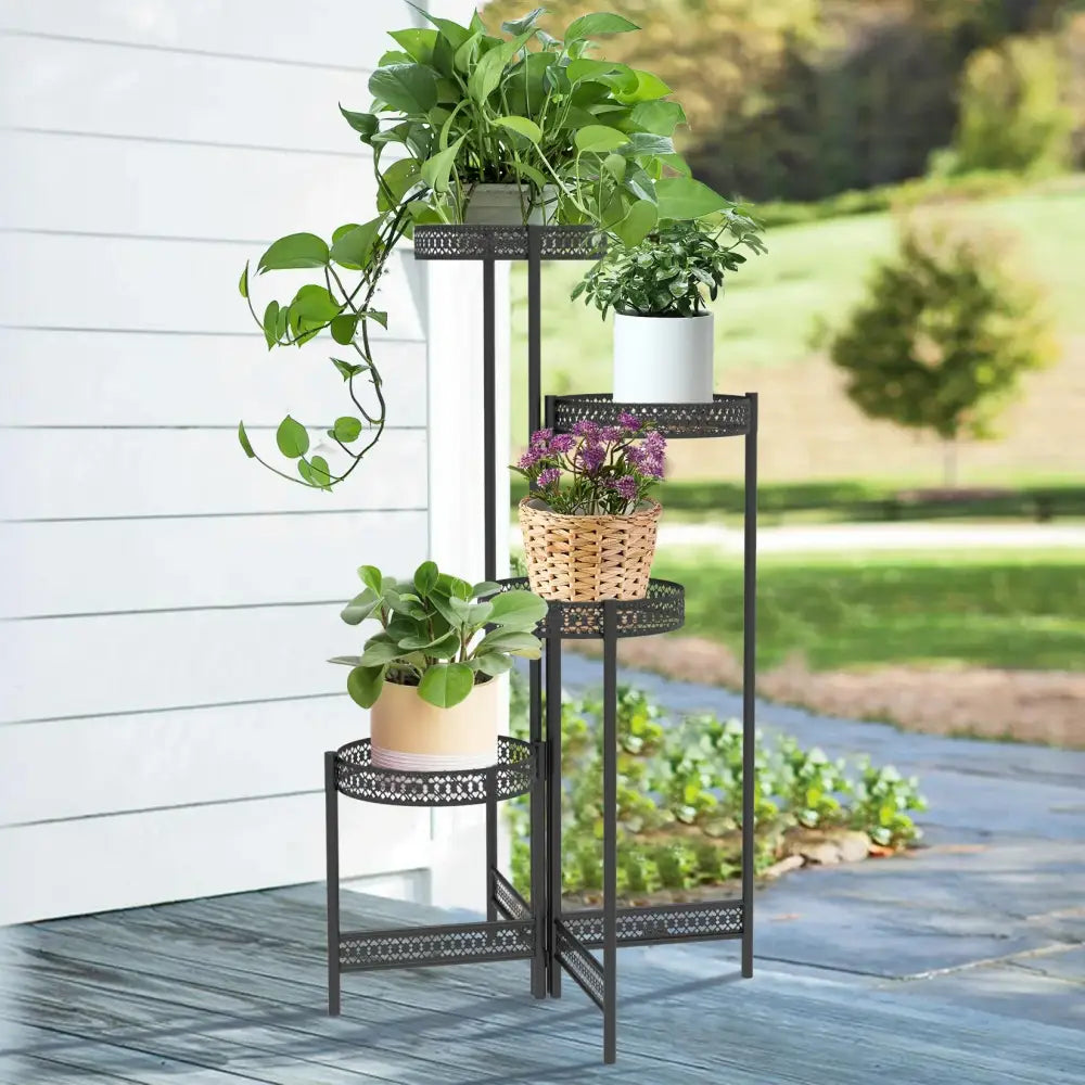 Tiered black metal plant stand for living room with lattice design