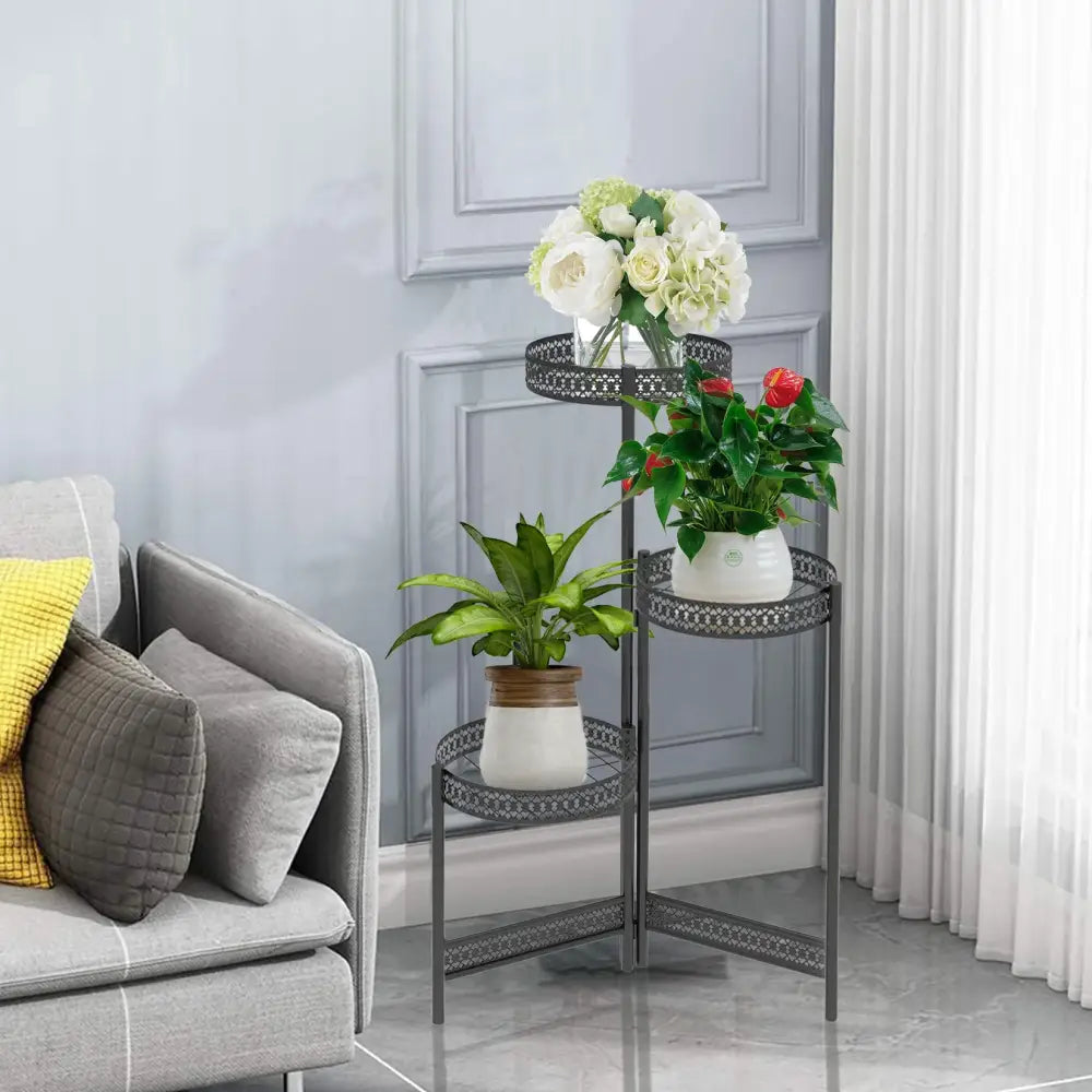 Tiered black metal plant stand for living room with lattice design