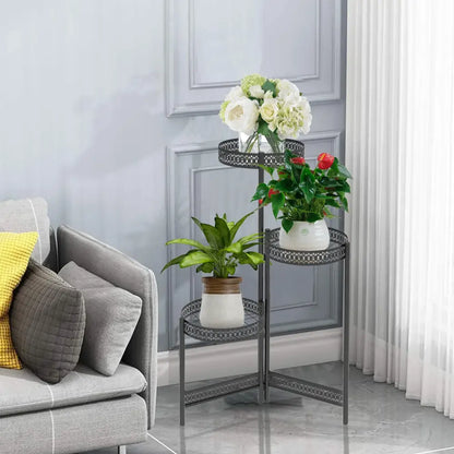 Tiered black metal plant stand for living room with lattice design