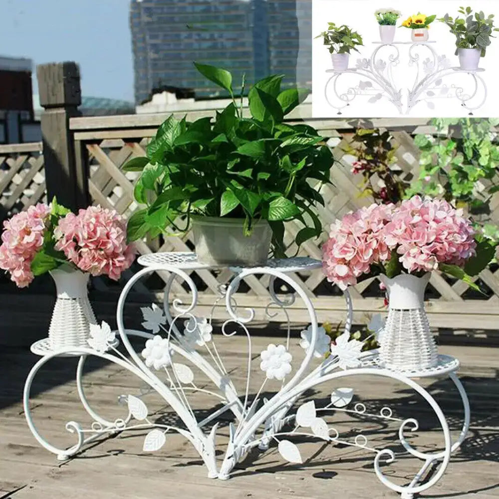 Floral white metal plant stand three tier living room flower rack