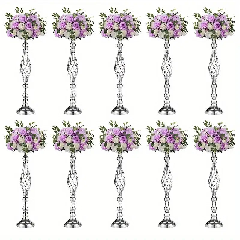 Twisted silver metal vase set with lavender and roses dining room