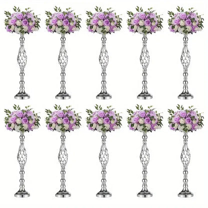 Twisted silver metal vase set with lavender and roses dining room
