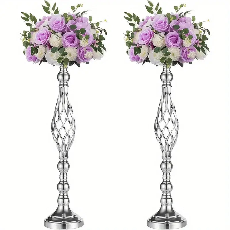 Twisted silver metal vase set with lavender and roses dining room