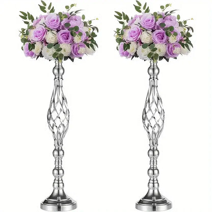 Twisted silver metal vase set with lavender and roses dining room