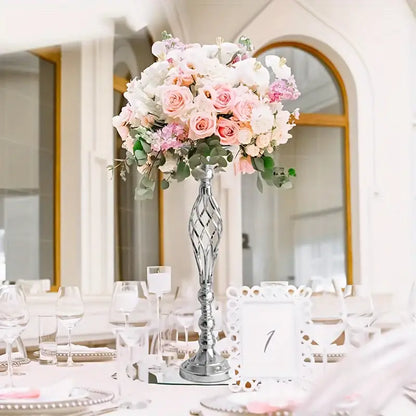 Twisted silver metal vase set with lavender and roses dining room