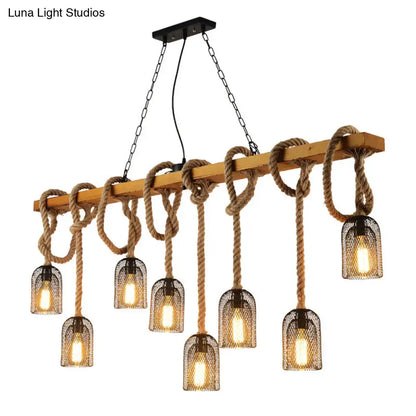 Industrial wood and hemp rope hanging lamp kitchen island light