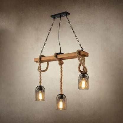 Industrial wood and hemp rope hanging lamp kitchen island light