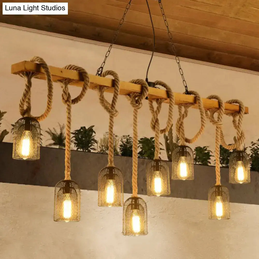 Industrial wood and hemp rope hanging lamp kitchen island light