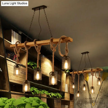 Industrial wood and hemp rope hanging lamp kitchen island light