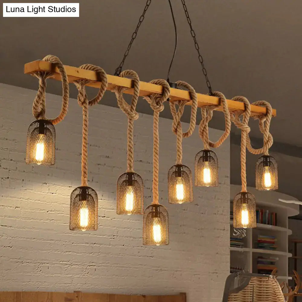 Industrial wood and hemp rope hanging lamp kitchen island light