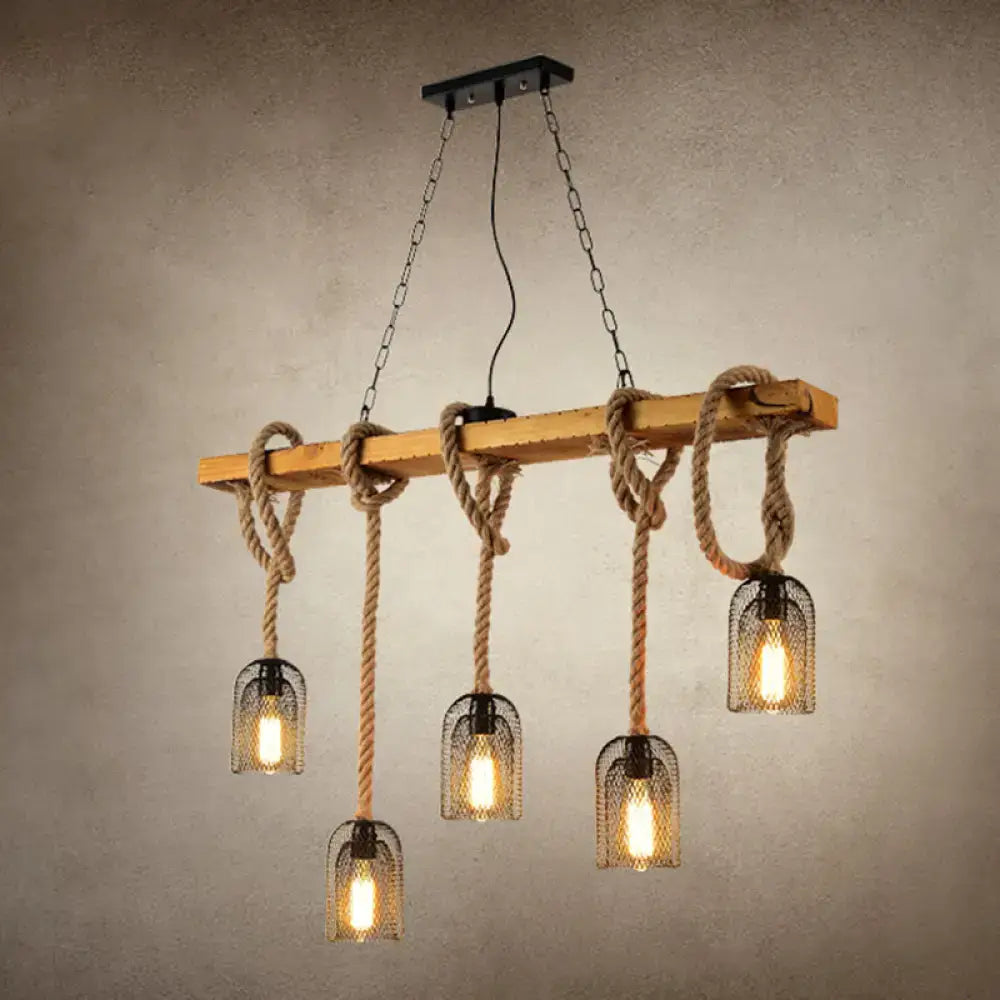 Industrial wood and hemp rope hanging lamp kitchen island light